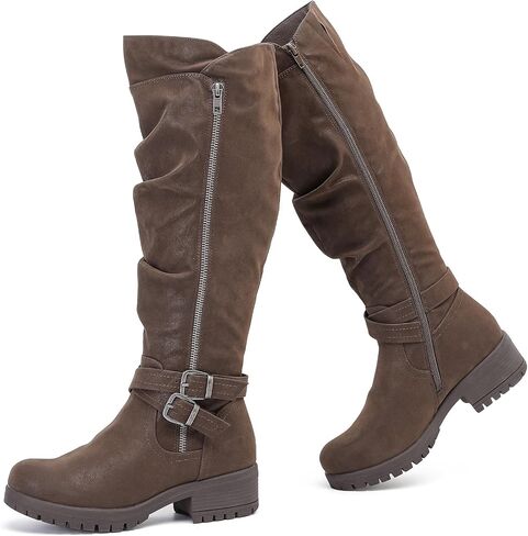 Women's Slouchy Knee High Boots Low Heel Comfort Round Toe Tall Calf Flat Riding Combat Boots for Women. in Kuwait