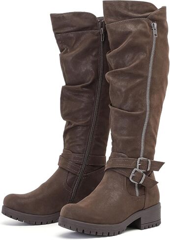 Women's Slouchy Knee High Boots Low Heel Comfort Round Toe Tall Calf Flat Riding Combat Boots for Women. in Kuwait