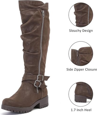 Women's Slouchy Knee High Boots Low Heel Comfort Round Toe Tall Calf Flat Riding Combat Boots for Women. in Kuwait