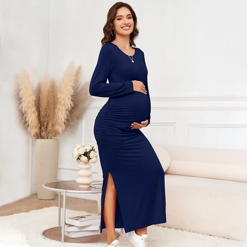 Women's Maternity Bodycon Dress Long Sleeve Split Midi Dresses Elegant Pregnancy Clothe Maternity Wedding Guest Dress,Pink S in Saudi Arabia
