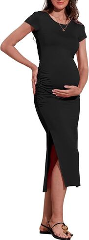 Women's Maternity Bodycon Dress Long Sleeve Split Midi Dresses Elegant Pregnancy Clothe Maternity Wedding Guest Dress,Pink S in Saudi Arabia