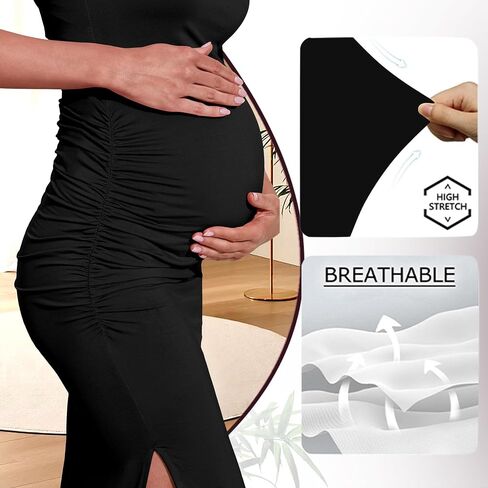 Women's Maternity Bodycon Dress Long Sleeve Split Midi Dresses Elegant Pregnancy Clothe Maternity Wedding Guest Dress,Pink S in Saudi Arabia
