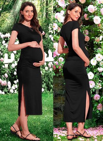Women's Maternity Bodycon Dress Long Sleeve Split Midi Dresses Elegant Pregnancy Clothe Maternity Wedding Guest Dress,Pink S in Saudi Arabia
