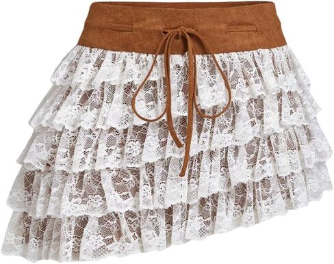 Makemechic المرأة غير المتماثلة تنورة تنورة زهرية الدانتيل الدانتيل الطبقة التعادل الجبهة المصغرة مطوية التنانير in Kuwait