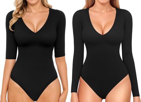 MANGOPOP Half Sleeve Bodysuit V Neck Bodysuit Shirts for Women+Double Lined Bodysuits for Women Long Sleeve V Neck Trendy Body Suit Black M in Saudi Arabia
