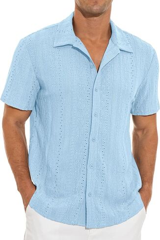 NITAGUT Men's Short Sleeve Shirts Casual Button Down Shirts Vacation Beach Summer Hollow Out Tops in Saudi Arabia