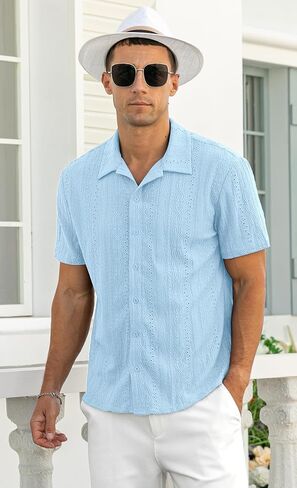 NITAGUT Men's Short Sleeve Shirts Casual Button Down Shirts Vacation Beach Summer Hollow Out Tops in Saudi Arabia