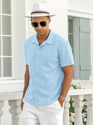 NITAGUT Men's Short Sleeve Shirts Casual Button Down Shirts Vacation Beach Summer Hollow Out Tops in Saudi Arabia