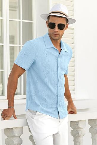 NITAGUT Men's Short Sleeve Shirts Casual Button Down Shirts Vacation Beach Summer Hollow Out Tops in Saudi Arabia