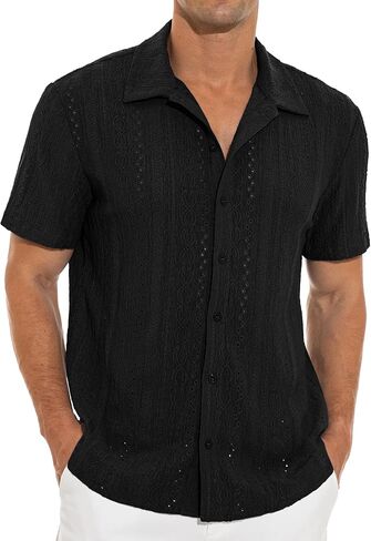 NITAGUT Men's Short Sleeve Shirts Casual Button Down Shirts Vacation Beach Summer Hollow Out Tops in Saudi Arabia