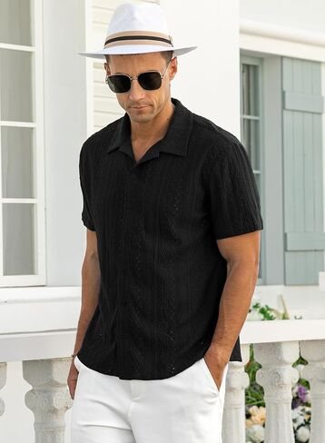 NITAGUT Men's Short Sleeve Shirts Casual Button Down Shirts Vacation Beach Summer Hollow Out Tops in Saudi Arabia