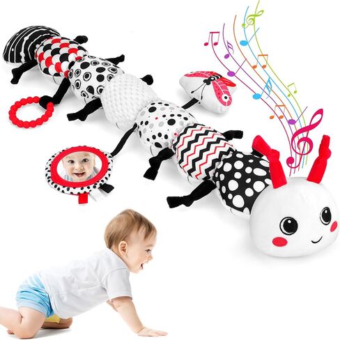 Baby Toys 0-12 Months - Musical Stuffed Animal Soft Plush Toys High Contrast Black & White Sensory Toys W/Rattle Mirror, Christmas Birthday Gifts for Infant Newborn 0 3 6 12 Months Boys Girls in Saudi Arabia