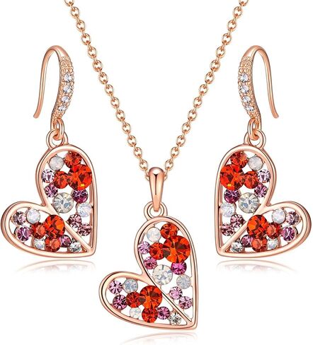 EVEVIC Austrian Crystals Heart Pendant Necklace Earrings Set for Women 14K Rose Gold Plated Drop Earrings Hypoallergenic Jewelry Set Gift for Birthday Anniversary Wedding in Saudi Arabia