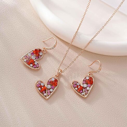 EVEVIC Austrian Crystals Heart Pendant Necklace Earrings Set for Women 14K Rose Gold Plated Drop Earrings Hypoallergenic Jewelry Set Gift for Birthday Anniversary Wedding in Saudi Arabia