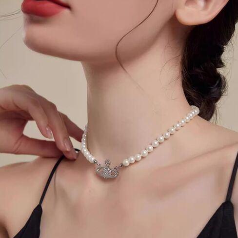 WCRAZYE Saturn Pearl Earrings Necklace Set for Women Cubic Zirconia Planet Earrings Wedding Birthday Anniversary Charm Gifts in Saudi Arabia