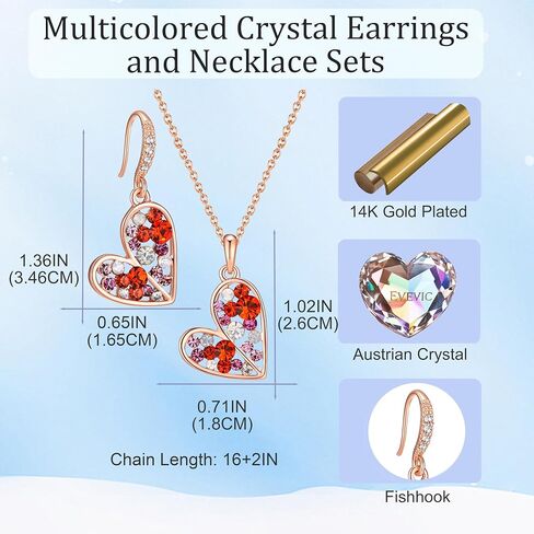 EVEVIC Austrian Crystals Heart Pendant Necklace Earrings Set for Women 14K Rose Gold Plated Drop Earrings Hypoallergenic Jewelry Set Gift for Birthday Anniversary Wedding in Saudi Arabia