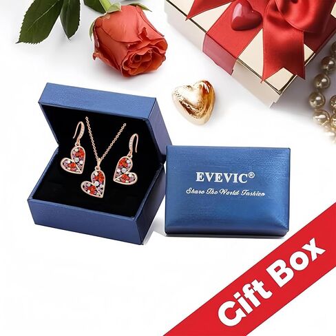 EVEVIC Austrian Crystals Heart Pendant Necklace Earrings Set for Women 14K Rose Gold Plated Drop Earrings Hypoallergenic Jewelry Set Gift for Birthday Anniversary Wedding in Saudi Arabia