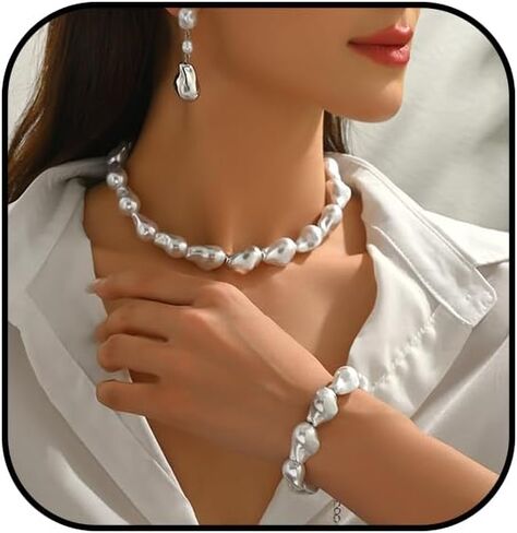 Baroque Pearl Jewelry Set for Women Chunky Pearl Choker Necklaces Earrings bracelets Set Statement Wedding Jewelry for Bride Bridesmaid in Saudi Arabia