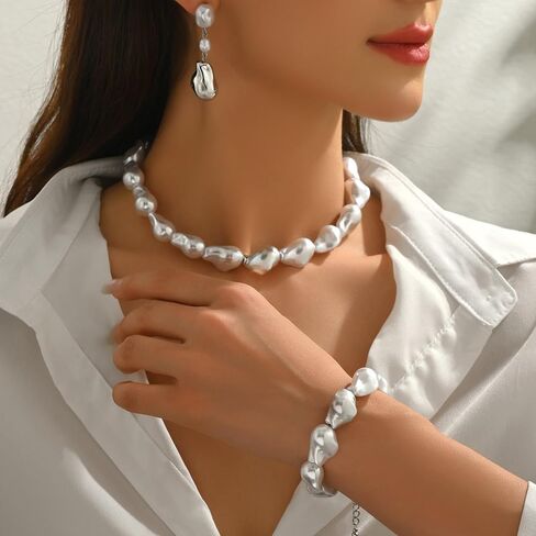 Baroque Pearl Jewelry Set for Women Chunky Pearl Choker Necklaces Earrings bracelets Set Statement Wedding Jewelry for Bride Bridesmaid in Saudi Arabia