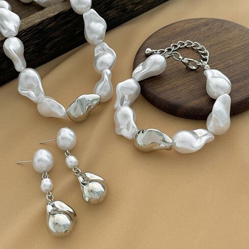 Baroque Pearl Jewelry Set for Women Chunky Pearl Choker Necklaces Earrings bracelets Set Statement Wedding Jewelry for Bride Bridesmaid in Saudi Arabia
