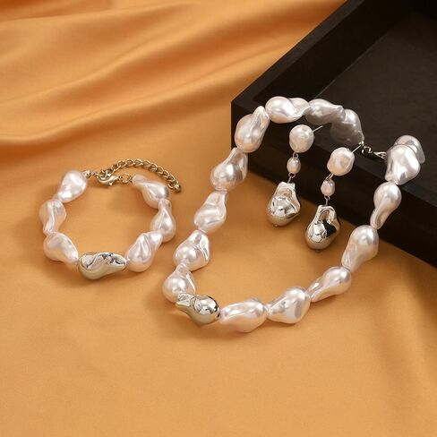 Baroque Pearl Jewelry Set for Women Chunky Pearl Choker Necklaces Earrings bracelets Set Statement Wedding Jewelry for Bride Bridesmaid in Saudi Arabia