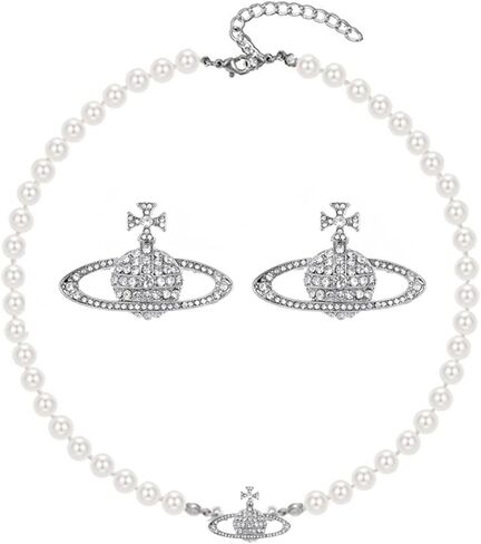 WCRAZYE Saturn Pearl Earrings Necklace Set for Women Cubic Zirconia Planet Earrings Wedding Birthday Anniversary Charm Gifts in Saudi Arabia