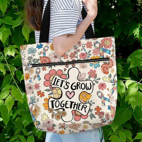 84hoods Large Tote Bag for Women for Work. Autism Awareness Ribbon Gift. Aesthetic Shoulder Bag with Pockets and Zipper. in Saudi Arabia
