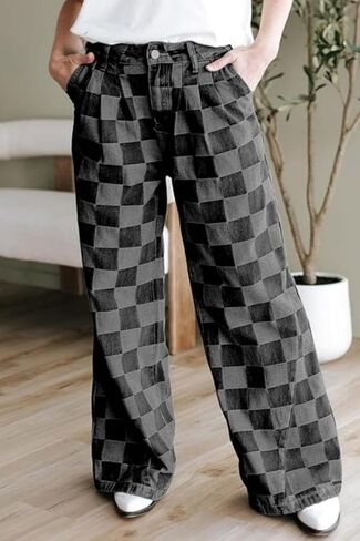 yoeasy Women's Wide Leg Jeans Checkered High Waisted Straight Leg Baggy Loose Stretch Plaid Casual Denim Pants in Saudi Arabia