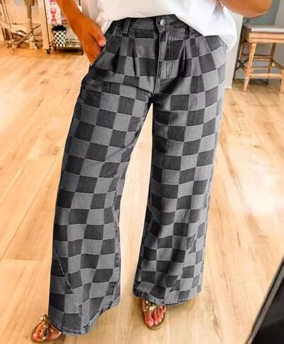 yoeasy Women's Wide Leg Jeans Checkered High Waisted Straight Leg Baggy Loose Stretch Plaid Casual Denim Pants in Saudi Arabia
