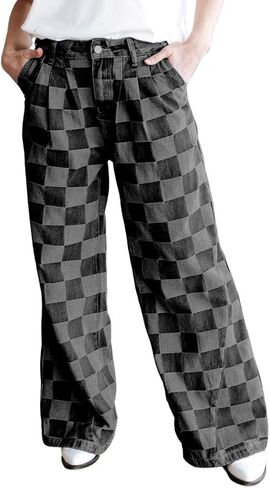 yoeasy Women's Wide Leg Jeans Checkered High Waisted Straight Leg Baggy Loose Stretch Plaid Casual Denim Pants in Saudi Arabia