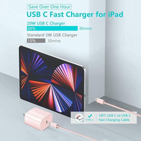 iPad Pro Charger,20W USB C Fast Charger with 10FT Long Fast Charging Cord for iPad Pro 12.9 5th/4th/3rd,11 inch 3rd/2nd/1st,iPad Air 5th/4th Generation,iPad Mini 6th,iPad 10th,iPhone 15 Pro Max/Plus in Saudi Arabia