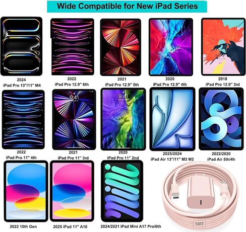 iPad Pro Charger,20W USB C Fast Charger with 10FT Long Fast Charging Cord for iPad Pro 12.9 5th/4th/3rd,11 inch 3rd/2nd/1st,iPad Air 5th/4th Generation,iPad Mini 6th,iPad 10th,iPhone 15 Pro Max/Plus in Saudi Arabia