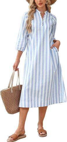 Women Summer Striped Button Down Long Maxi Dress Loose Fit 3/4 Sleeve Cotton Caftan Shirt Dress with Pocket in Saudi Arabia