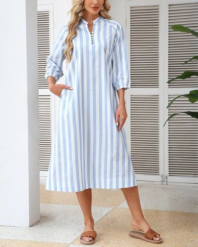 Women Summer Striped Button Down Long Maxi Dress Loose Fit 3/4 Sleeve Cotton Caftan Shirt Dress with Pocket in Saudi Arabia