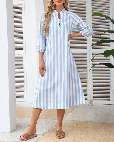 Women Summer Striped Button Down Long Maxi Dress Loose Fit 3/4 Sleeve Cotton Caftan Shirt Dress with Pocket in Saudi Arabia