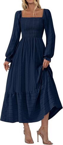 BTFBM Women Maxi Fall Dresses 2025 Long Slight Soid Square Square Neck Smoocked Boho Long Wedding Guest Dress in Kuwait