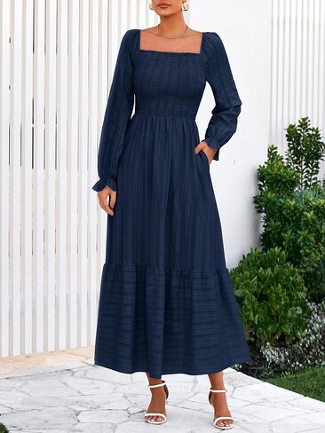 BTFBM Women Maxi Fall Dresses 2025 Long Slight Soid Square Square Neck Smoocked Boho Long Wedding Guest Dress in Kuwait