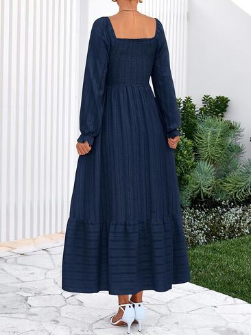 BTFBM Women Maxi Fall Dresses 2025 Long Slight Soid Square Square Neck Smoocked Boho Long Wedding Guest Dress in Kuwait
