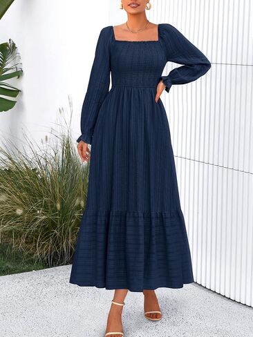 BTFBM Women Maxi Fall Dresses 2025 Long Slight Soid Square Square Neck Smoocked Boho Long Wedding Guest Dress in Kuwait