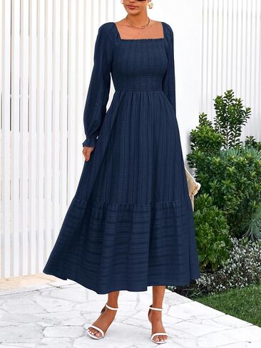 BTFBM Women Maxi Fall Dresses 2025 Long Slight Soid Square Square Neck Smoocked Boho Long Wedding Guest Dress in Kuwait