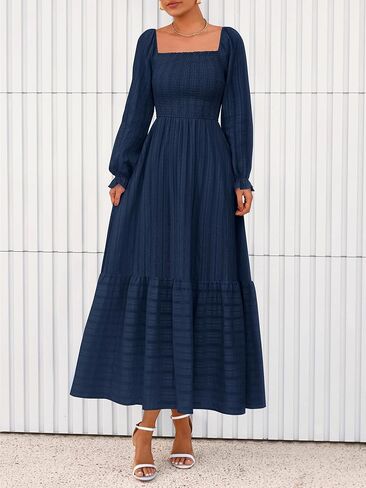BTFBM Women Maxi Fall Dresses 2025 Long Slight Soid Square Square Neck Smoocked Boho Long Wedding Guest Dress in Kuwait