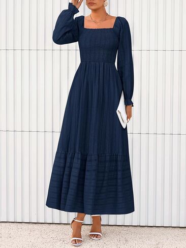 BTFBM Women Maxi Fall Dresses 2025 Long Slight Soid Square Square Neck Smoocked Boho Long Wedding Guest Dress in Kuwait