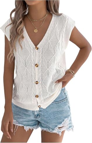 SweatyRocks Women's Soft Short Sleeve Cardigan Sweater V Neck Button Down Knit Sweater Vest in Saudi Arabia
