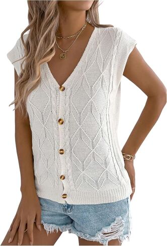 SweatyRocks Women's Soft Short Sleeve Cardigan Sweater V Neck Button Down Knit Sweater Vest in Saudi Arabia