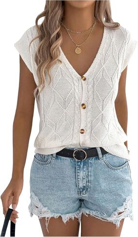SweatyRocks Women's Soft Short Sleeve Cardigan Sweater V Neck Button Down Knit Sweater Vest in Saudi Arabia