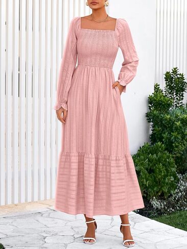 BTFBM Women Maxi Fall Dresses 2025 Long Slight Soid Square Square Neck Smoocked Boho Long Wedding Guest Dress in Saudi Arabia
