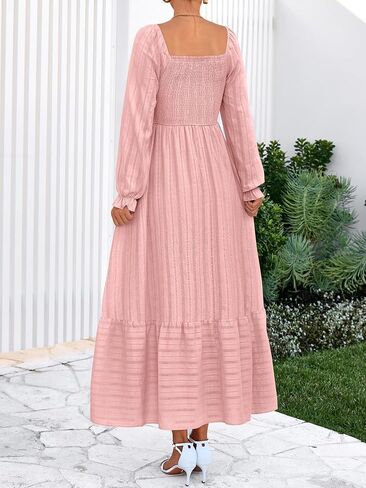 BTFBM Women Maxi Fall Dresses 2025 Long Slight Soid Square Square Neck Smoocked Boho Long Wedding Guest Dress in Saudi Arabia