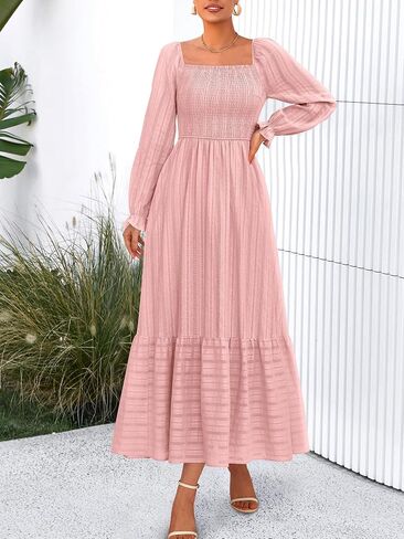 BTFBM Women Maxi Fall Dresses 2025 Long Slight Soid Square Square Neck Smoocked Boho Long Wedding Guest Dress in Saudi Arabia