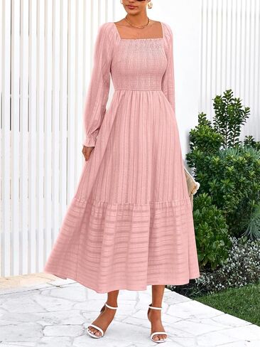 BTFBM Women Maxi Fall Dresses 2025 Long Slight Soid Square Square Neck Smoocked Boho Long Wedding Guest Dress in Saudi Arabia