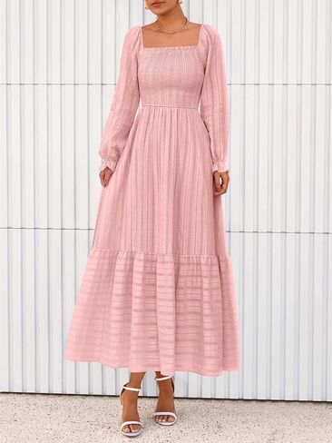 BTFBM Women Maxi Fall Dresses 2025 Long Slight Soid Square Square Neck Smoocked Boho Long Wedding Guest Dress in Saudi Arabia